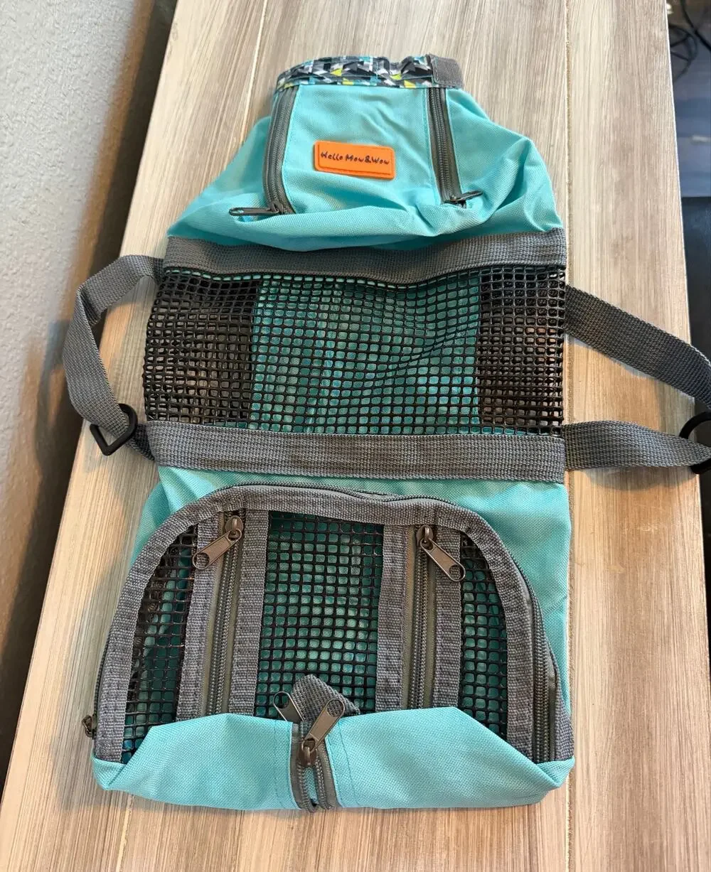 Hello Mow & Wow Pet Grooming Carrier / Restraint Bag in teal and gray Size Small